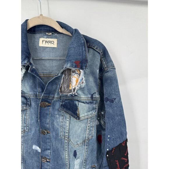 FWRD Patchwork Grunge Paint Splatter Jean Jacket Women XL Blue Skater Retro Y2K - Picture 8 of 10